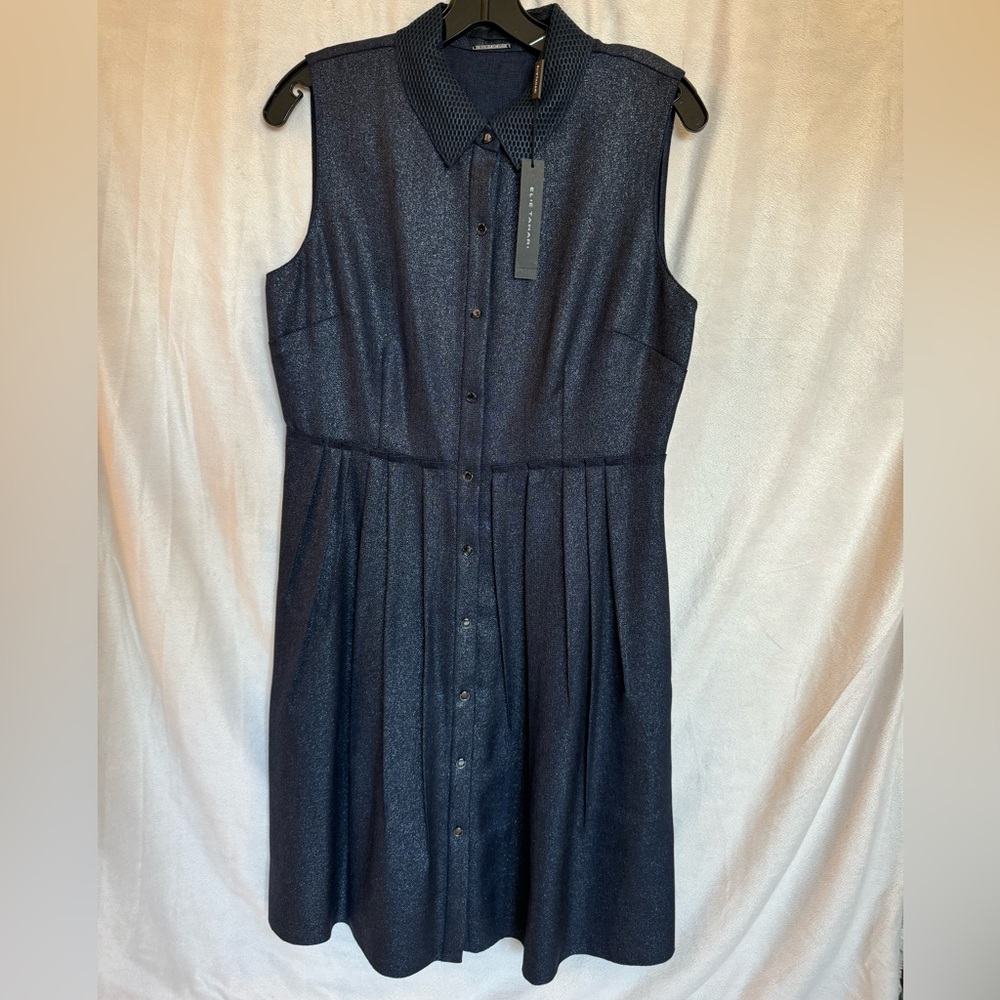 Elie Tahari Samiyah Shimmer Button Front Dress Navy/Silver 10 NWT